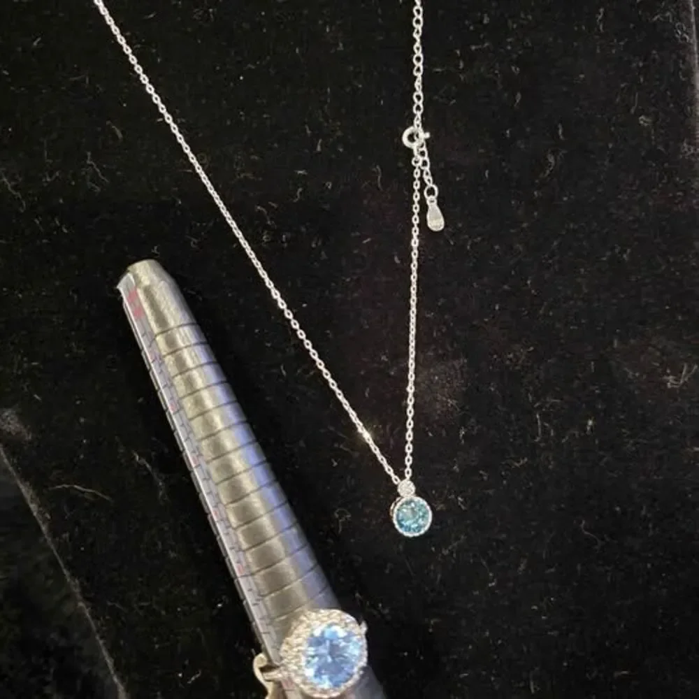 Sterling Silver Blue Topaz Style Ring, Sz 8 and Necklace Set